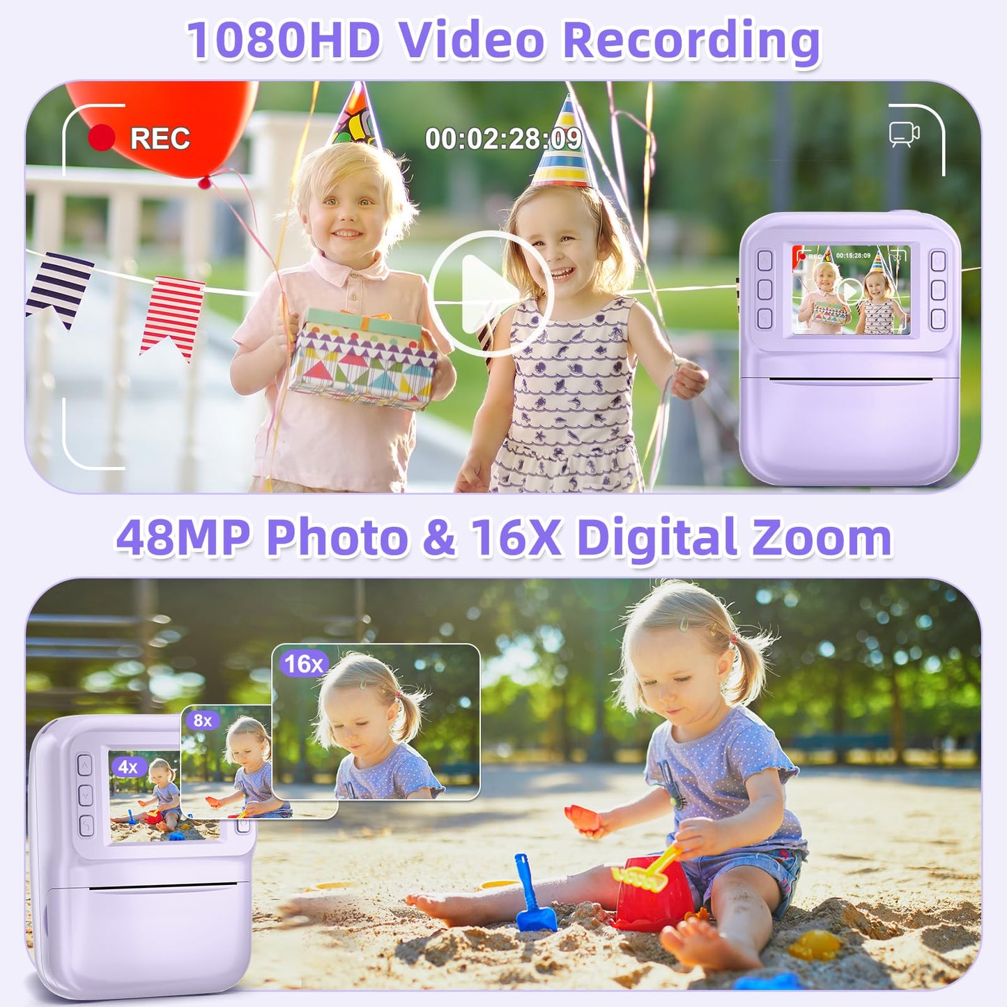 MINIBEAR Instant Print Camera for Kids Camera for Girls 48MP Kids Digital Camera, Toddler Selfie Video Camera Children Camera Christmas Birthday Gifts Toys for 3 4 5 6 7 8 9 10 Year Old Girls, Pink