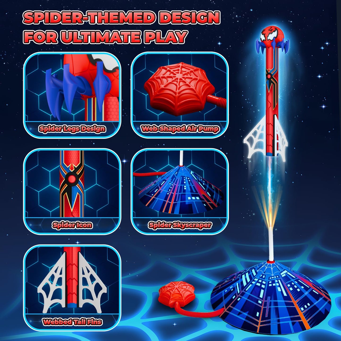 Spider Rocket Launcher for Kids, 4 Spider Rockets with Web Air Pump, Stomping Launch up Toys, Indoor/Outdoor Spider Toys Gifts for 3 4 5 6 7 8 9 10 Year Old Boys Girls Age 3-4 4-6 6-8 Birthday Gift