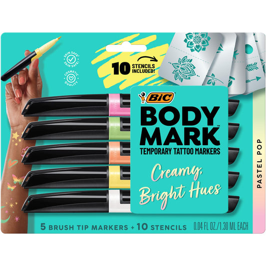 BodyMark Temporary Tattoo Markers, 8-Count Color Collection, Skin-Safe & Cosmetic Quality, Cruelty-Free, Long-Lasting, Flexible Brush Tip, Stencils Included