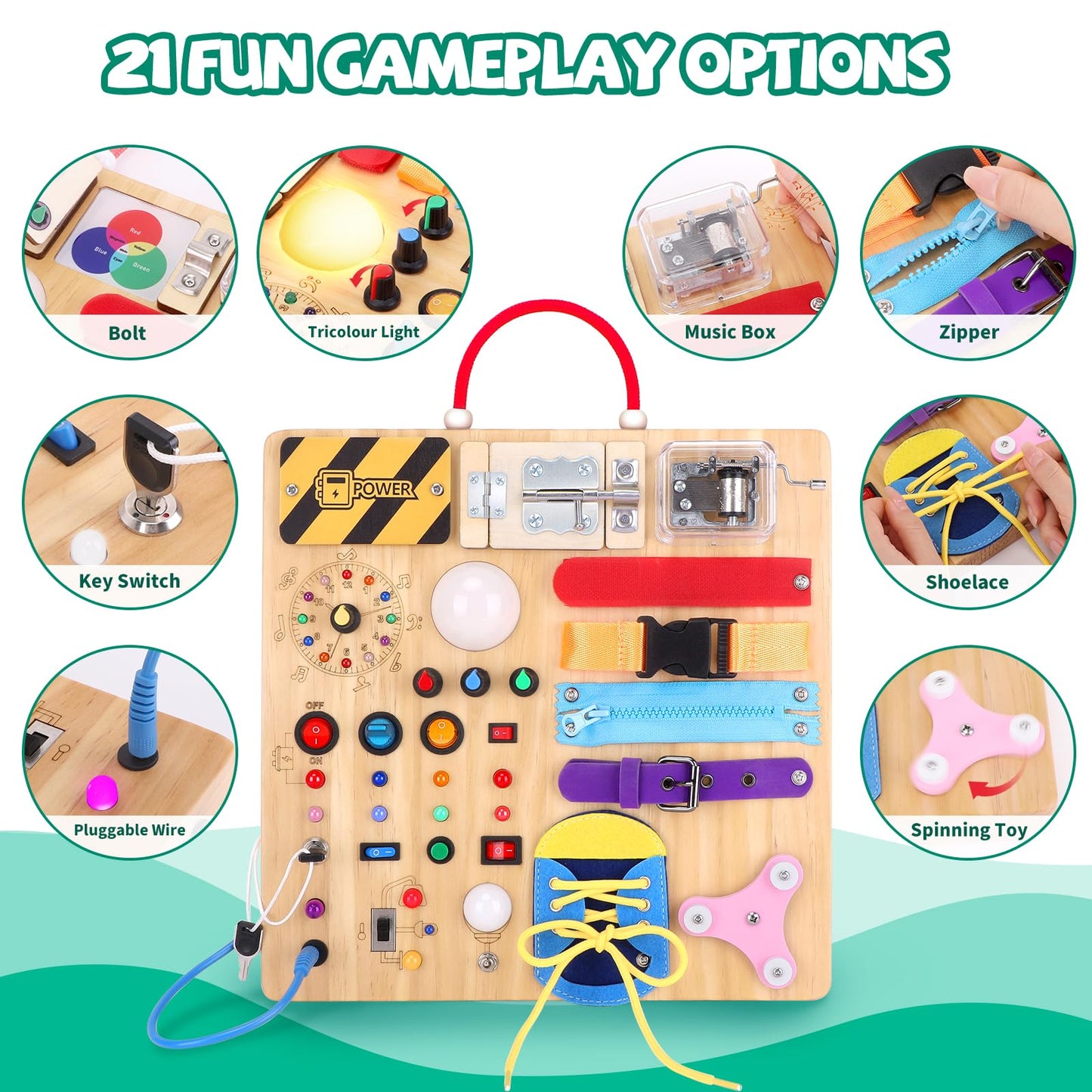 Busy Board, Montessori Toy for 1-3 Years Old, Wooden Toddler Sensory Travel Toy, Ideal Gift for 1+ Year Old Boys (Busy Board Plus V2), Medium, Yellow