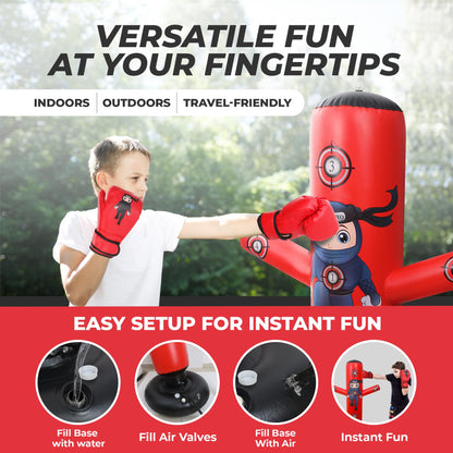 PUNCHO Inflatable Punching Bag for Kids - 63" Boxing Ninja Punching Bag Toy Set for Kids - Karate Gifts for Boys and Girls Age 3-12 - Durable Boxing Equipment for Kidz with Boxing Gloves, Pump, eBook