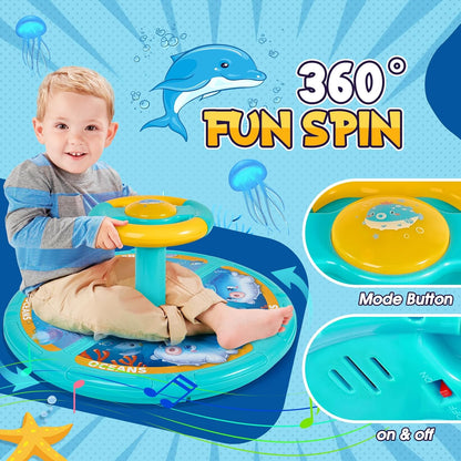 Sit and Spin, Christmas Birthday Gift Toddlers Sit and Spin Toy for 1-2 3 4 Years Old Girl Boy, 360° Ocean Interactive Sensory Spinning Toys for Ages 2-10 Kids LED & Sound with Free Stickers