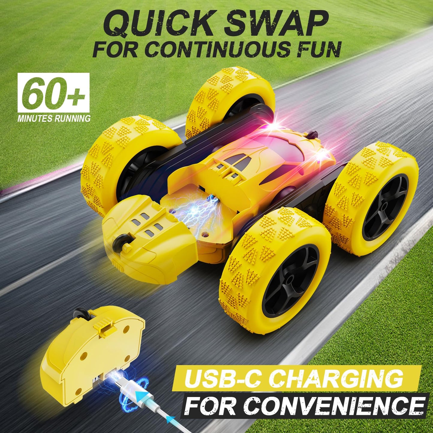 Remote Control Car, RC Cars Toys for Kids Ages 6-12, 4WD Stunt Car with LED Lights & 360° Flips, 2.4GHz, Upgraded USB-C Modular Batteries, 8-10 Year Old Boys Birthday Gift 1-Blue