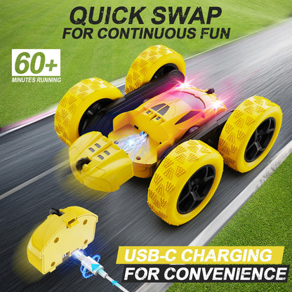 Remote Control Car, RC Cars Toys for Kids Ages 6-12, 4WD Stunt Car with LED Lights & 360° Flips, 2.4GHz, Upgraded USB-C Modular Batteries, 8-10 Year Old Boys Birthday Gift 1-Blue
