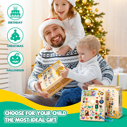 Busy Board, Montessori Toy for 1-3 Years Old, Wooden Toddler Sensory Travel Toy, Ideal Gift for 1+ Year Old Boys (Busy Board Plus V2), Medium, Yellow