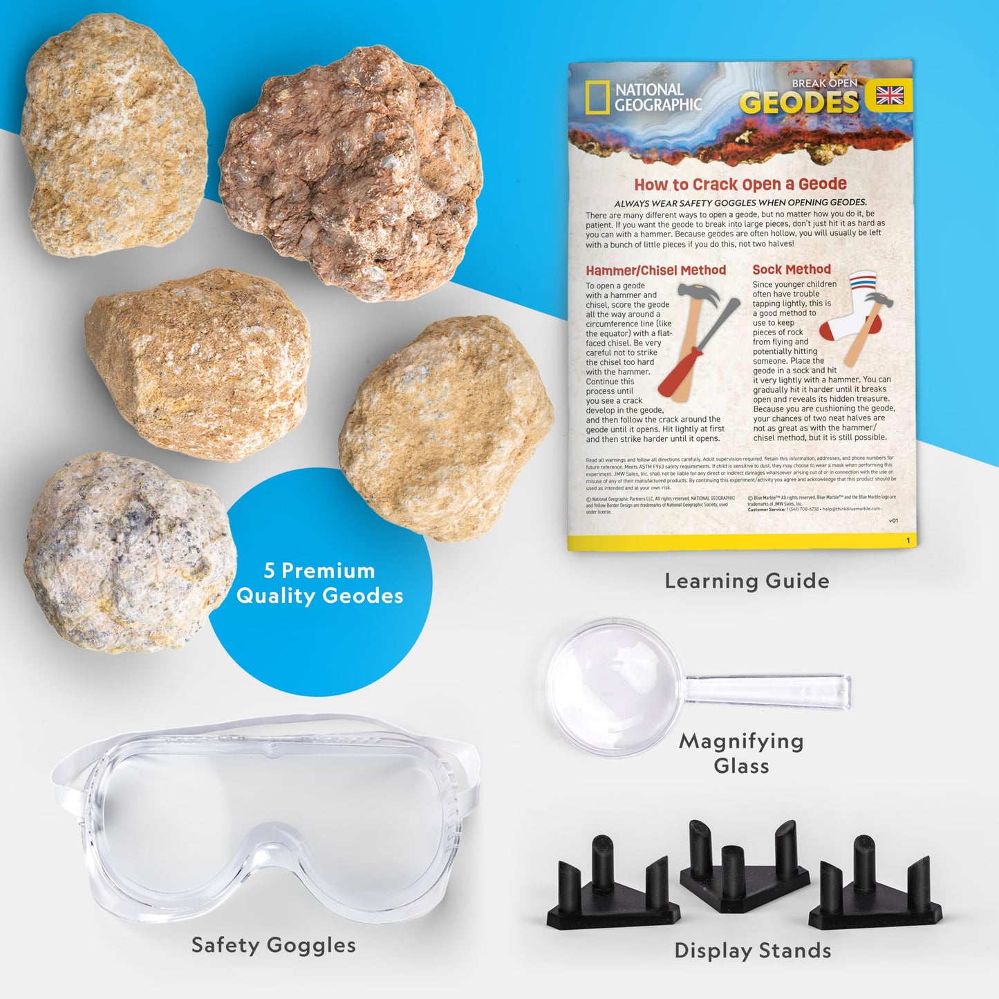 NATIONAL GEOGRAPHIC Break Open 10 Premium Geodes – Includes Goggles and 2 Display Stands - Great STEM Science Kit, Geology Gift for Kids, Break Your Own Geodes with Crystals, Toys for Boys and Girls