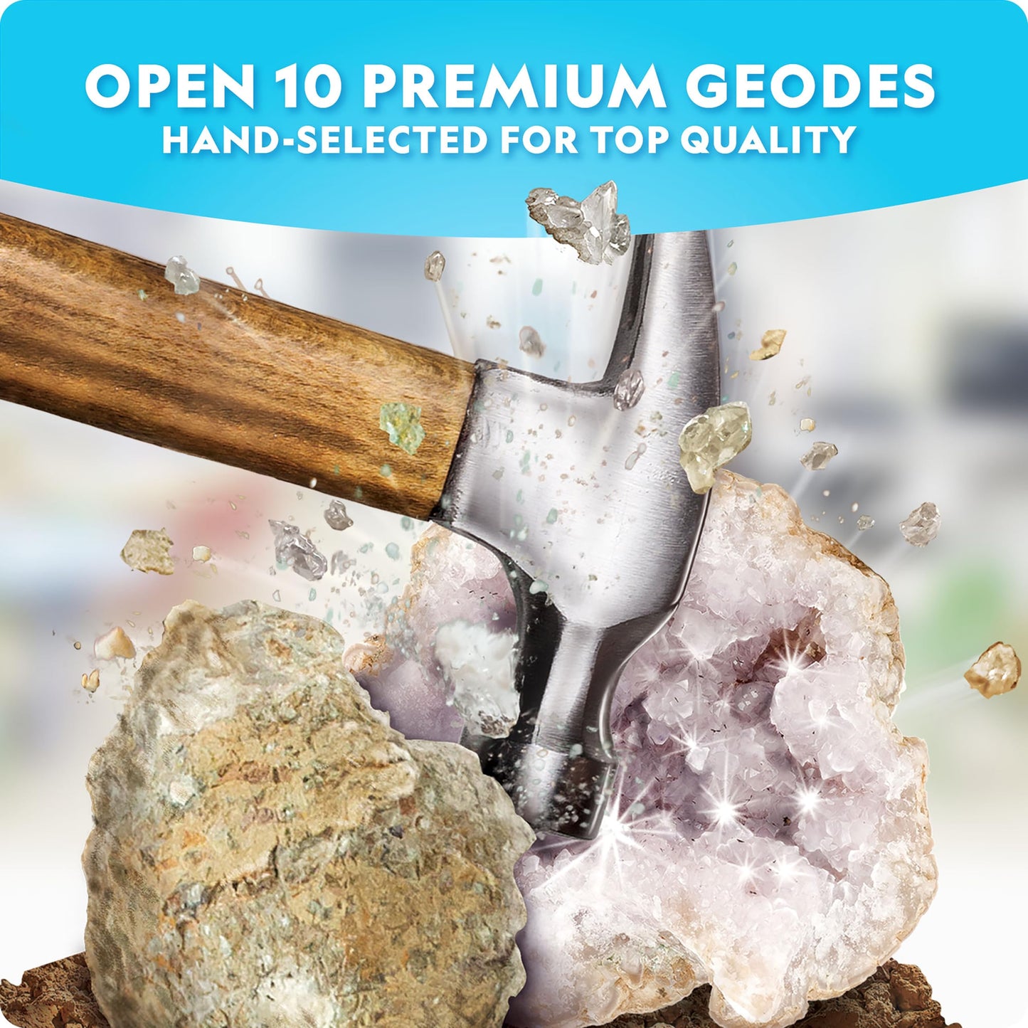 NATIONAL GEOGRAPHIC Break Open 10 Premium Geodes – Includes Goggles and 2 Display Stands - Great STEM Science Kit, Geology Gift for Kids, Break Your Own Geodes with Crystals, Toys for Boys and Girls