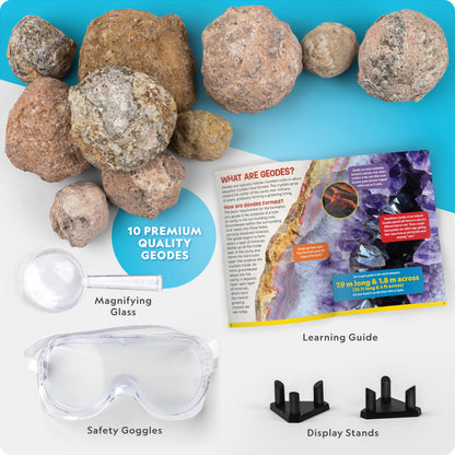 NATIONAL GEOGRAPHIC Break Open 10 Premium Geodes – Includes Goggles and 2 Display Stands - Great STEM Science Kit, Geology Gift for Kids, Break Your Own Geodes with Crystals, Toys for Boys and Girls