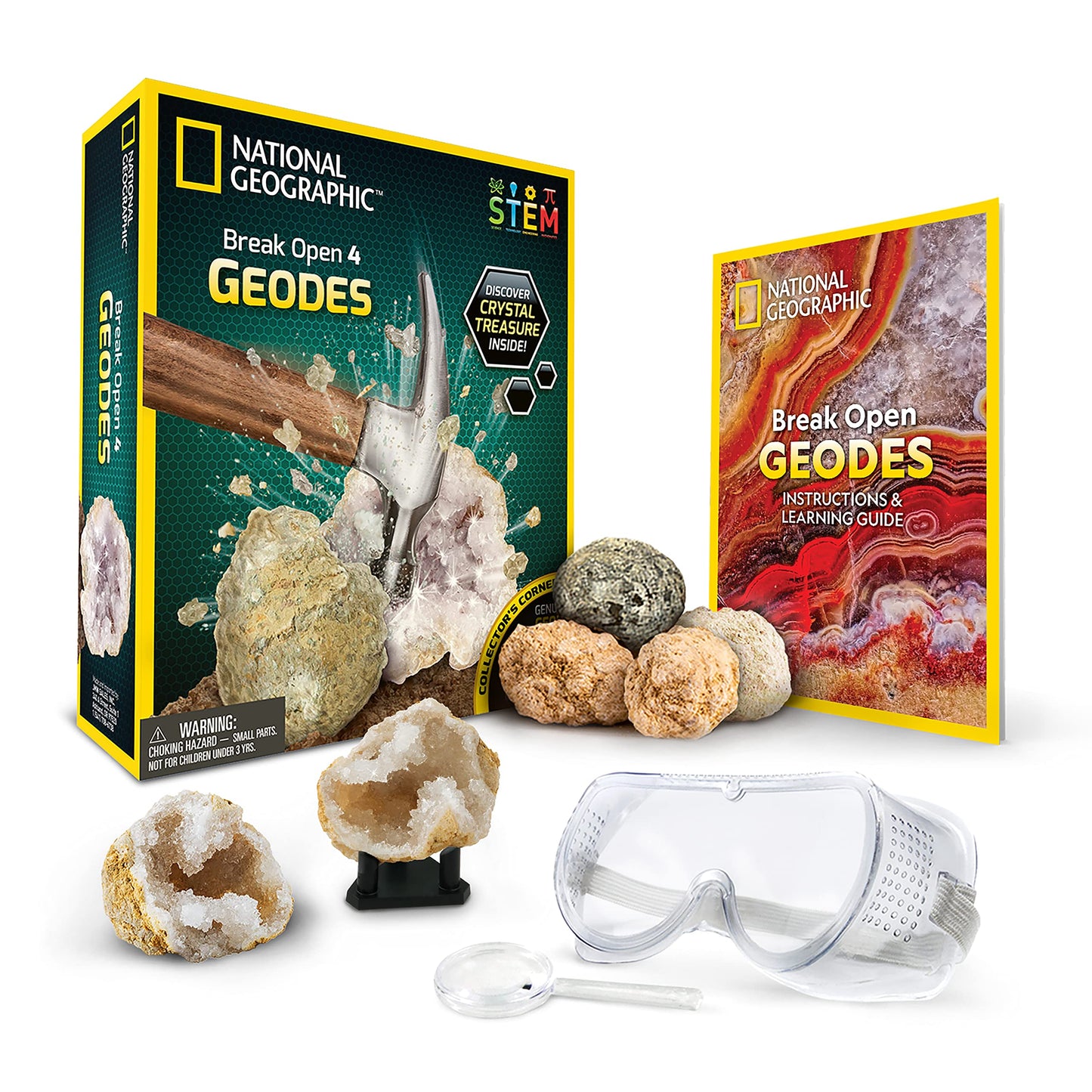 NATIONAL GEOGRAPHIC Break Open 10 Premium Geodes – Includes Goggles and 2 Display Stands - Great STEM Science Kit, Geology Gift for Kids, Break Your Own Geodes with Crystals, Toys for Boys and Girls
