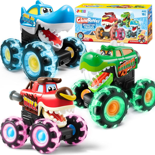 JOYIN 3 Pack Monster Truck Toy - Motion Activated Light-Up Cars for Toddlers - Monster Treads Lightning Wheels - Baby Toy Present - Press & Go Cars for Boys Girls Birthday Gifts Easter Basket Stuffer